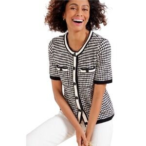 Talbots Black White Check Jacquard Short Sleeve Cardigan Sweater Top Size S